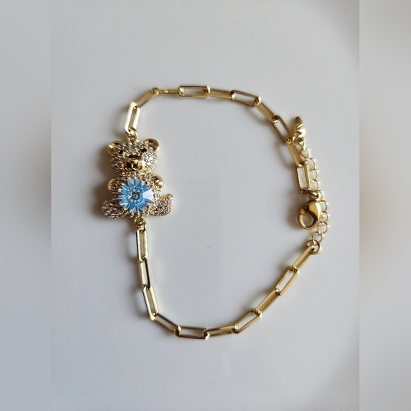 Gold Plated  Bear Charm Bracelet with Blue Gem - Picture 2 of 3